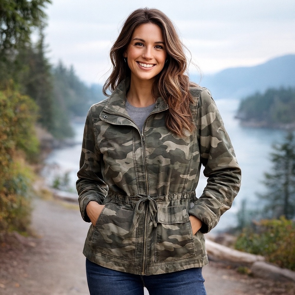 Old Navy Camo Military Field Army Green Utility Streetwear Zip Up Jacket Women M